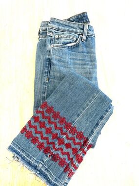 Derek Lam Jane Blue Ankle Jeans with Red Embroidered Hem